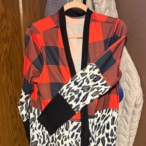 Red and Black Checkered Cardigan with Leopard Print